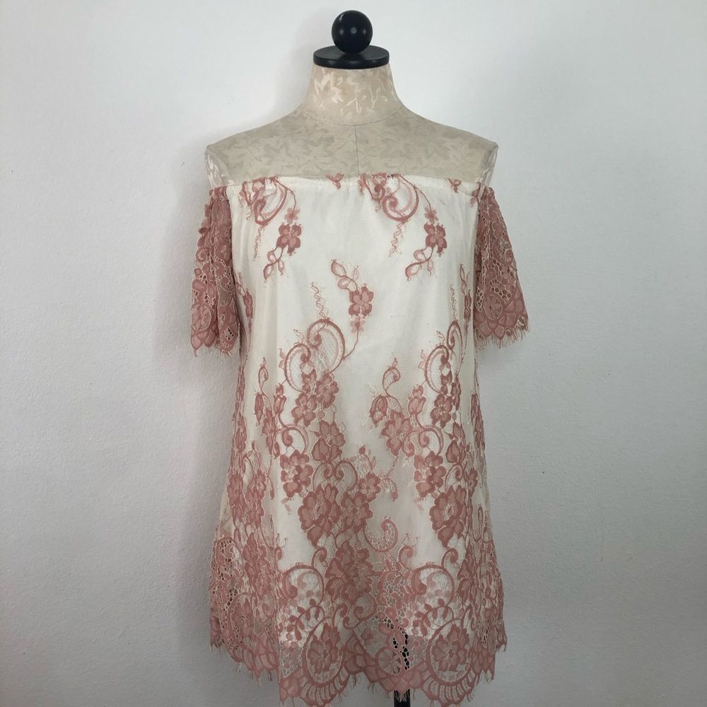 Haute Monde pink and cream lace off shoulder dress